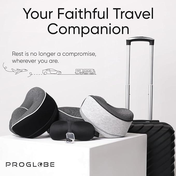 Proglobe Orthopedic Neck Pillow, Travel Neck Pillows for Airplanes, Memory Foam Kit, 360° Head Support, Airplane Pillow Set with 3D Contoured Eye Masks, Earplugs, and Luxury Mesh Bag (Black)