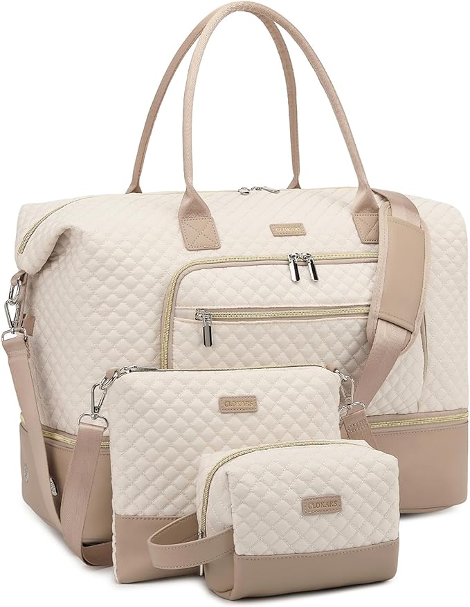 Weekender Bags for Women, Travel Duffle Bag Carry On Overnight Bag with Cosmetics Bag and Crossbody Purse for Gym Hospital, Gifts for Women, Beige Camel