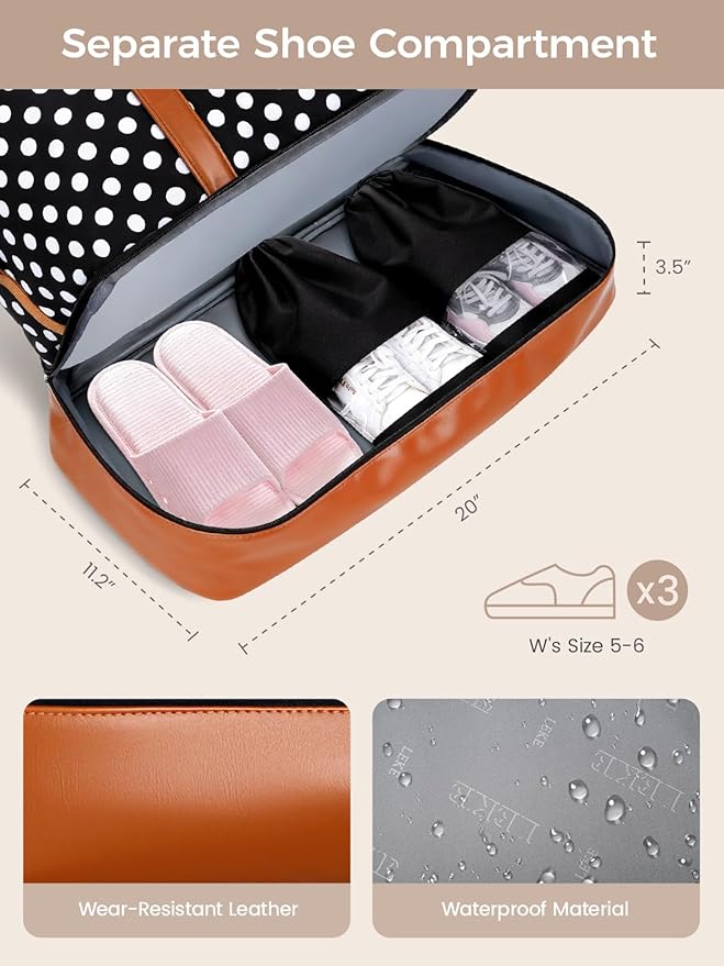 Travel Duffle Bag, Weekender Bags for Women Carry On Travel Bag Overnight Bag with Shoe Compartment Toiletry Bag, Large Weekend Tote Bag Gym Bag Hospital Bag for Labor and Delivery 50L, Dots