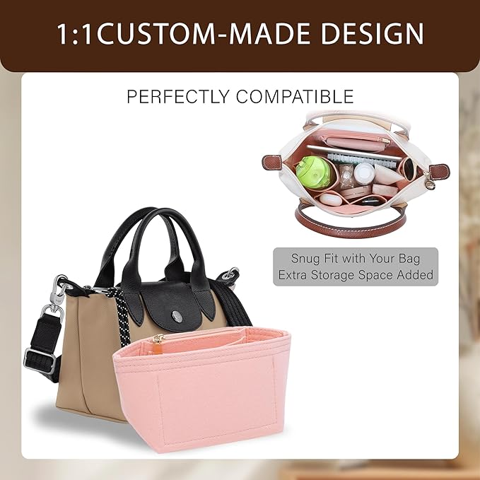 Premium Felt Purse Organizer Insert for Longchamp Le Pliage Energy/Xtra -XS, Zipper Long Champ Bag Organizer Insert with 4 Compartments