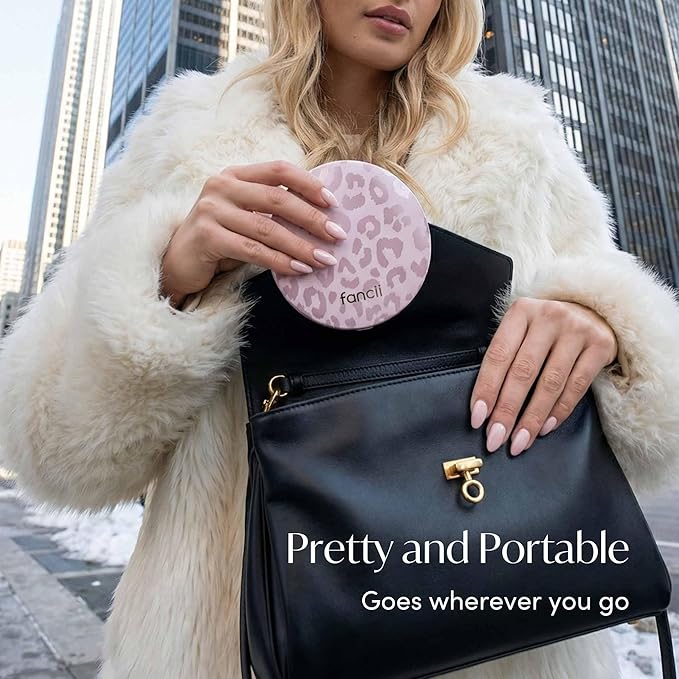 Fancii Taylor LED Lighted Travel Makeup Mirror, Rechargeable, 10x /1x Magnifying, Tru-Glow Lighting System, XL Large 5” Wide | Compact Mirror for Purses (Cosmic Leopard)