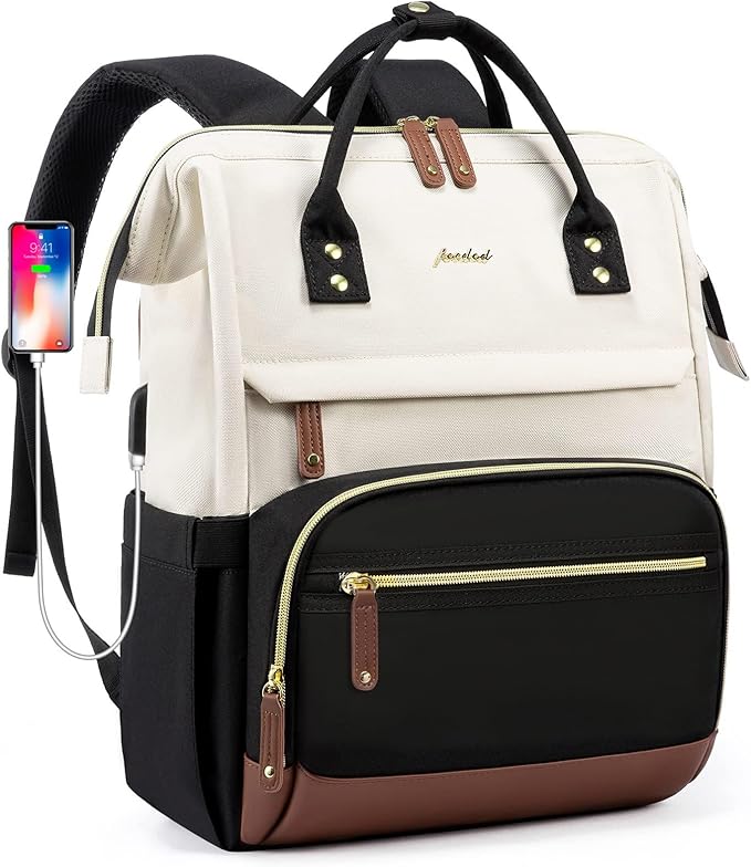 Focdod Laptop Backpack for Women, 17 Inch Work Business Backpacks Purse with USB Port, Large Capacity Doctor Nurse Bag Backbag, Waterproof Casual Daypack for Travel,Black-White-Brown