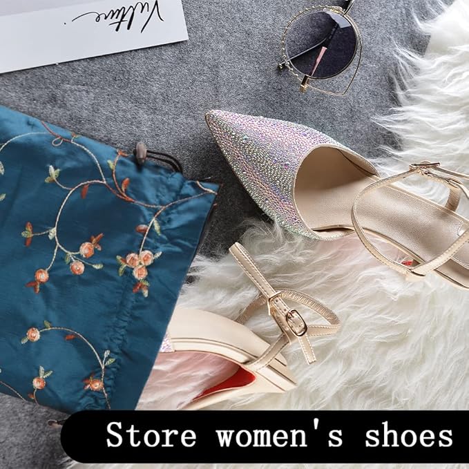Embroidery Silk Flower Shoe Bag 4Pcs Drawstring Silk Travel Bag Jacquard Underwear Bags Washable Big Sachet Bag Storage Bags for Men Women