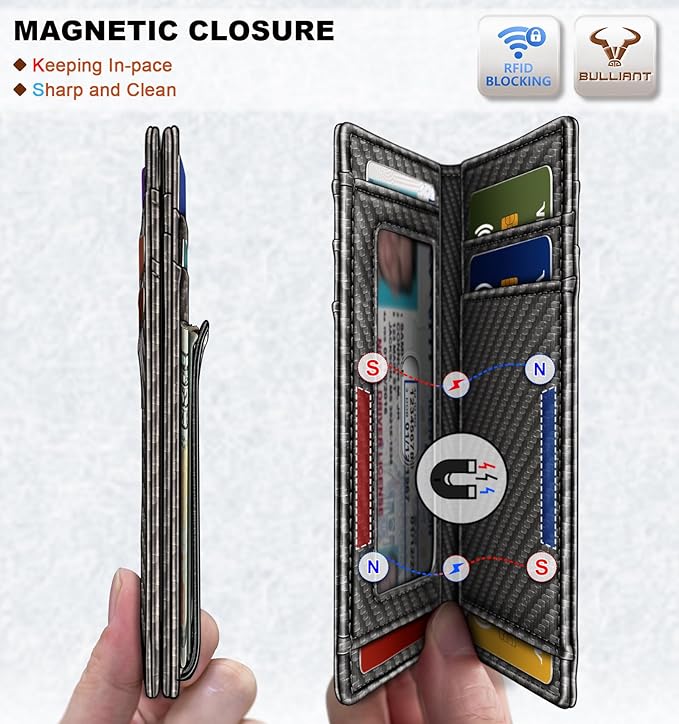BULLIANT Magnetic Closure Slim Wallet-Genuine Leather Front Pocket Wallet for Men,RFID Blocking,Holds 12 Cards and Money Clip