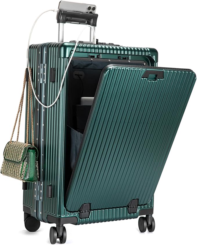 feilario Aluminium Frame PC Hard Shell Spinner Wheels Luggage,22.5"X15"X9.5" Airline Approved Built-In TSA lock Carry on Suitcase, with Cup Holder, USB Port, Phone Holder
