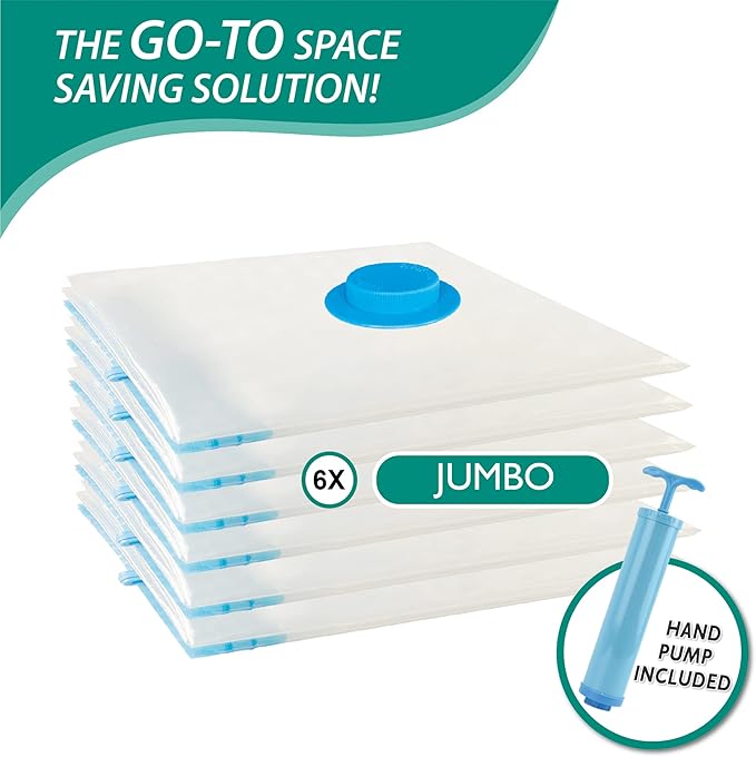Cozy Essential Vacuum Storage Bags, 80% Compression Vacuum Seal Space Saver Plastic Packaging Bags for Clothes, Blankets, Pillow, Bedding, Comforters, Sealer Clothing Storage,6 Jumbo