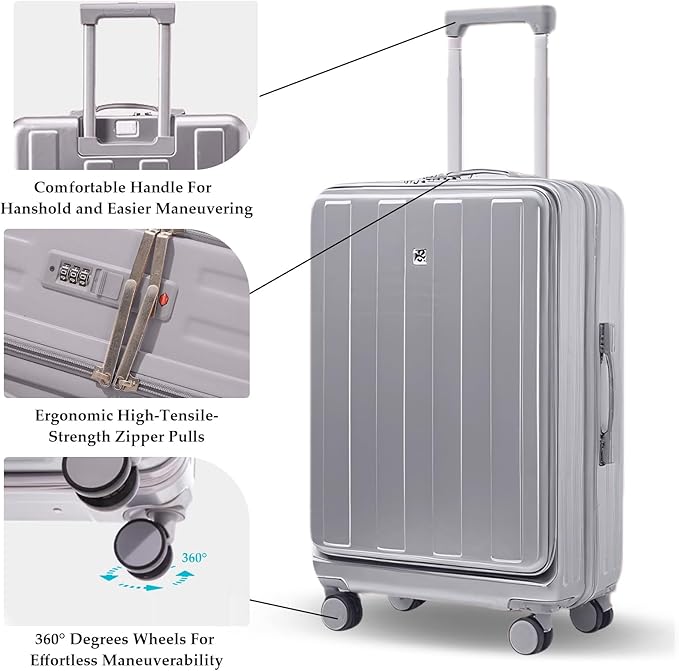 Gets Carry on Luggage Airline Approved,20 Inch Abs+Pc Hardshell Spinner Luggage With Cup Phone Holder and USB Charger,Front Pocket Durable Suitcase for Women Men-Silver