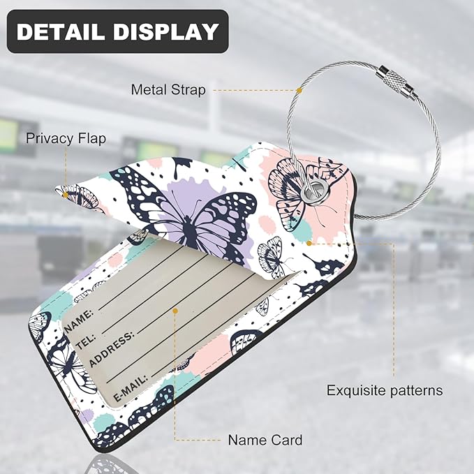 2Pack Luggage Tags for Suitcases, Cute Unique Pu Leather Cruise Luggage Tag with Privacy Cover ID Label Address Card and Metal Ring Suitable for Women Men Kids Travel Bag Colorful Butterfly 1