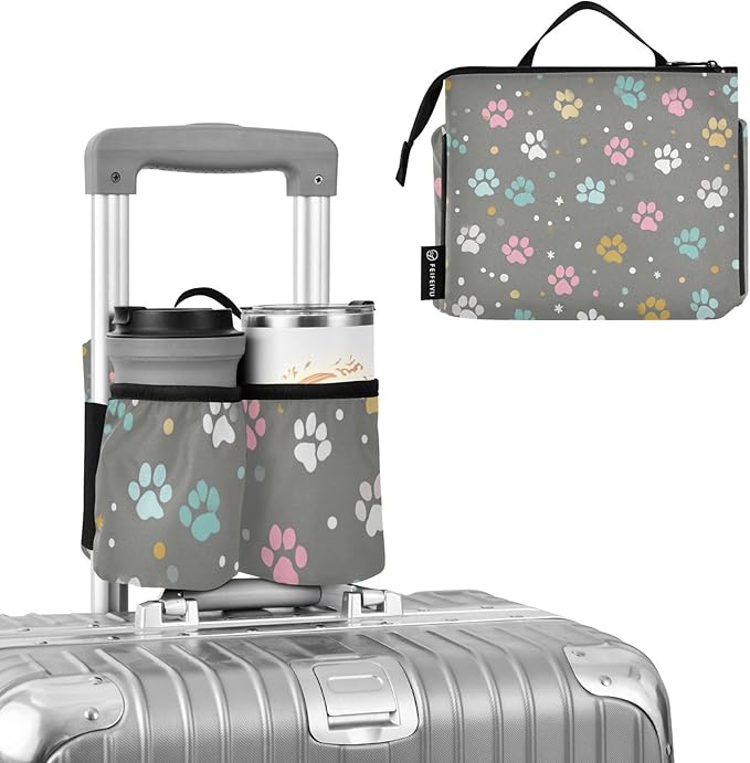 Luggage Cup Holder for Suitcases Free Hands Travel Cup Holder Portable Suitcase Cup Drink Holder Luggage Cup Caddy Bag Carrier Paw Print Dots Stars Grey
