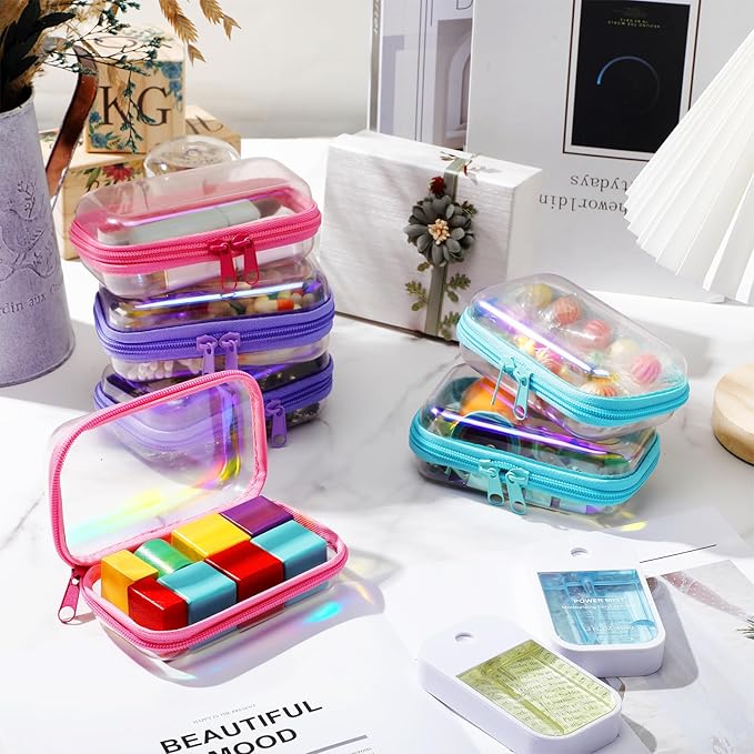 Sanwuta 6 Pcs Clear Hard Zipper Case Plastic Zipper Pouches Transparent Makeup Bag Pencil Case Pouches Toiletry Diaper Bag for Travel Toy Storage Organizer Bins(Holographic,5 x 3 x 2 Inch)