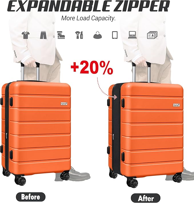 SmileLine 3-Piece Luggage Set Lightweight Hardside Suitcase TSA Lock Spinner Wheels, 20" Expandable Carry-On Luggage with Quick Access Front Open Pocket, Bonus Makeup Bag,Orange