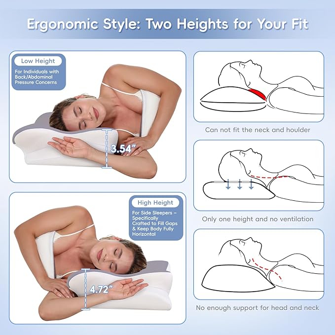 Cervical Neck Pillow, Memory Foam Pillows for Neck & Shoulder Pain Relief, 2 Heights Ergonomic Pillow with Breathable Ice Silk Cover, Neck Support Pillow for Stomach Sleepers White