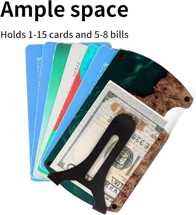 Carbon Fiber Minimalist Wallet for Men Credit Card Holder Money Clip & Cash Strap Slim RFID Mens Wallets,Resin Natural Walnut Wood,Unique Pattern,Green