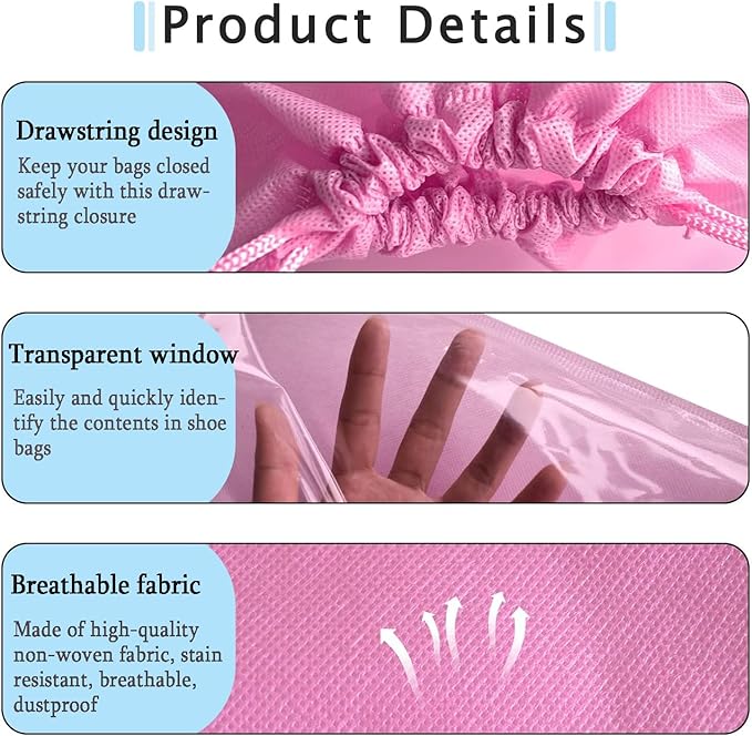 6 Pack Dust Bags for Purses and Handbags, Large Non-Woven Dustproof Drawstring Bags, Travel Shoe Bags, Purse Dust Bags for Storage with Transparent Slot - 15.7in X 19.6in, Pink