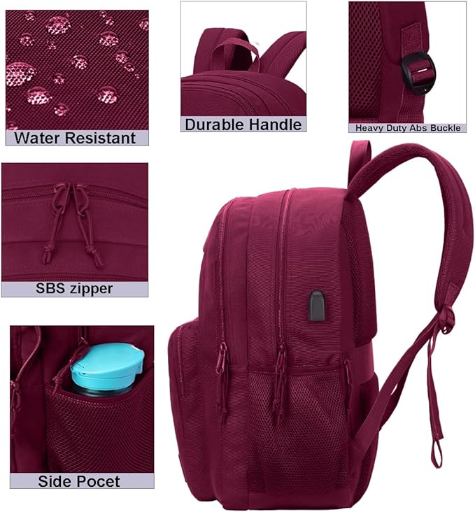 KEOFID Classic Anti-Theft Laptop Backpack for Men and Women, Burgundy, 17.3" x 12.6" x 7.2"