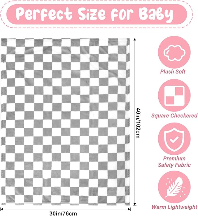 GreatBba Plush Checkered Baby Blanket for Boys Girls Nursery, 30"*40" Warm Short Fleece Blanket Neutral for Infant Newborn, Small Fuzzy for Sleeping, Chenille or Stroller (Gray&White)