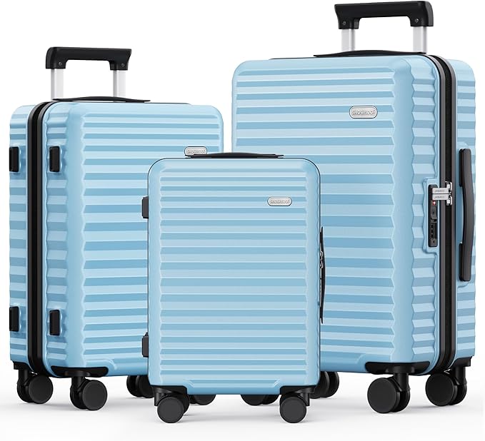 SHOWKOO Luggage Sets 3 Piece Hardside Expandable Suitcase with Double Spinner Wheels Tsa Lock Sky Blue (20in/24in/28in)