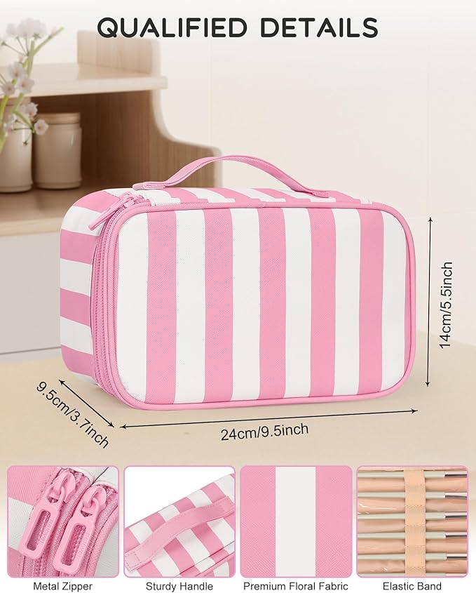 Relavel Travel Makeup Bag, Small Floral Cosmetic Bag with Makeup Brush Compartment, Portable Makeup Pouch for Women, Double Layer Makeup Organizer Bag Cute Toiletry Bag, Wide Strip