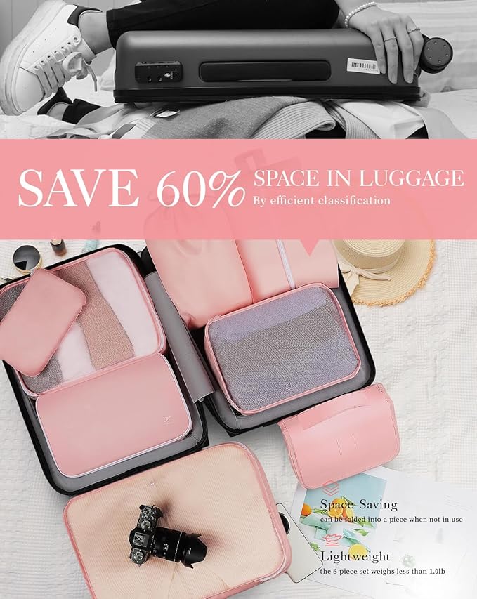 HOTOR Packing Cubes for Suitcases - 8 Pieces, Light Packing Cubes for Travel, Premium Suitcase Organizer Bags Set, Space-Saving Luggage Organizers, Travel Accessories and Essentials, Pink