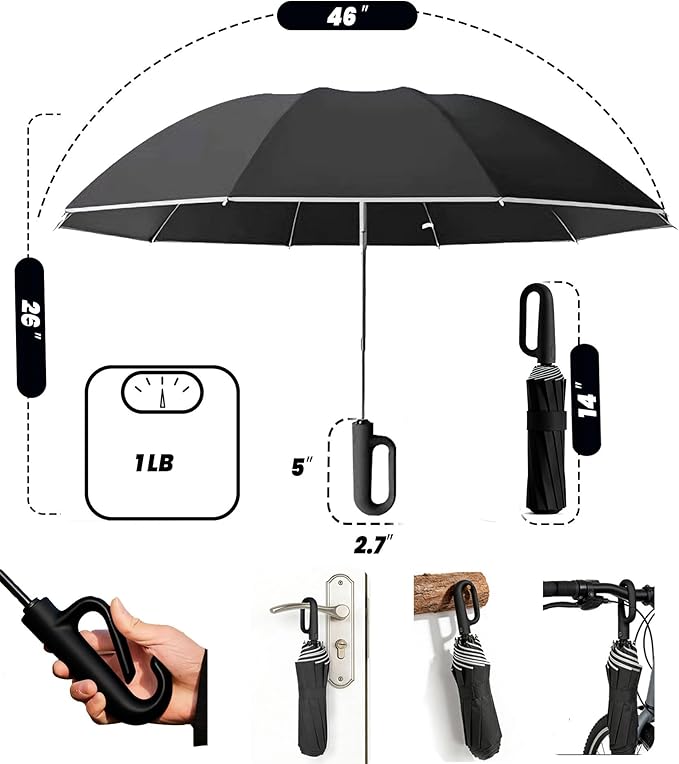 SIEPASA Travel Umbrella with Carabiner Handle - Windproof 10 Ribs Auto Open/Close for Rain & Sun Protection, Compact Portable Clip-on Backpack Design with Safety Reflective Strip.