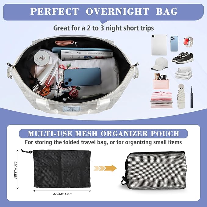 Geestock Travel Duffel Bag, Weekender Bags for Women, Carry on Overnight Bag with Shoe Compartment & Trolley Sleeve, Personal Item Travel Bags with Storage Pouch for Travel, Yoga, Gym, Hospital, White