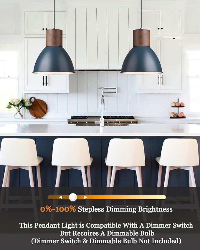ELYONA Modern Pendant Light for Kitchen Island, Solid Wood Metal Hanging Lamp, Adjustable Height, 11.6" Industrial Pendant Light Fixtures for Farmhouse,Bar,Dining Room,Living Room,Bedroom - Dark Blue
