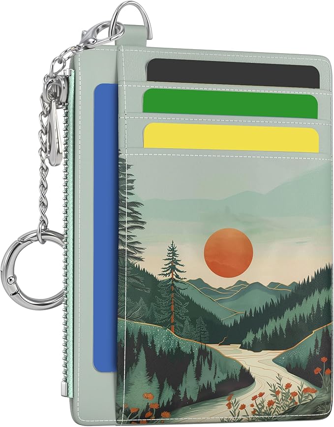 Hancynir Sunrise Mountain Small Wallet Women Credit Card Holder, Slim RFID Blocking Keychain Card Wallets, Mini Front Pocket PU Leather Thin Travel Zipper Coin Cash Ladies Wallet Organizer Gifts