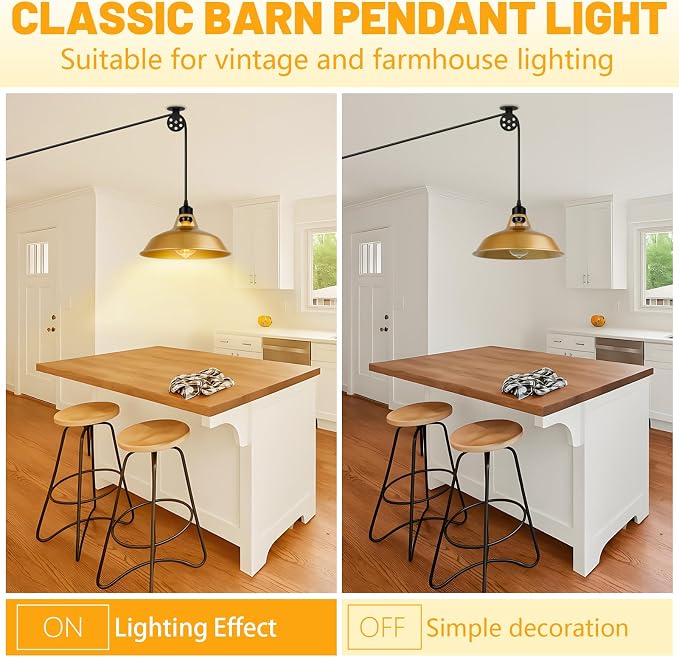 Lomoky Plug in Pendant Light, Vintage Hanging Lamps with Gold Barn Shade Pendant Lighting with 14.76ft Cord On/Off Switch, Adjustable Pulley Hanging Lights for Kitchen, Bedroom, Living Room (1 Pack)