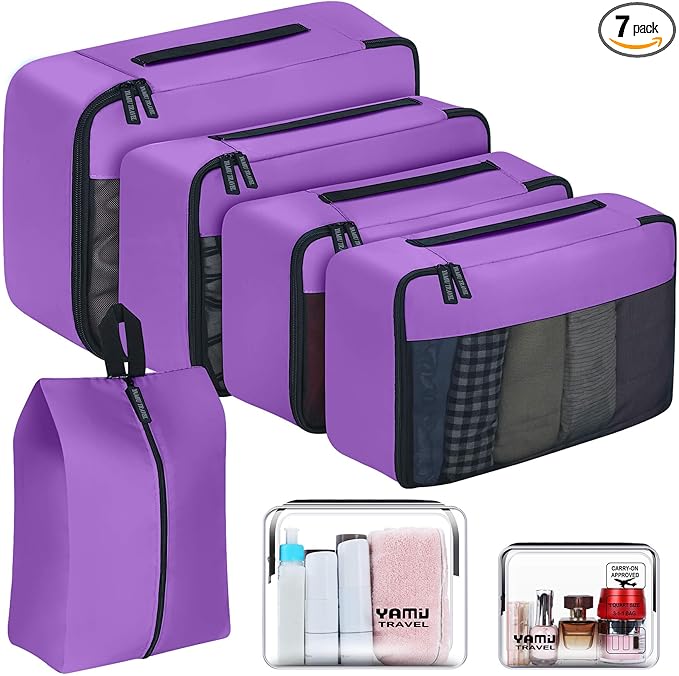 YAMIU Packing Cubes for Suitcases, 7 Pcs luggage organizer bags with Shoe Bag, 2 Waterproof Travel Toiletry Bags, Travel Cubes for Travel Essentials Travel Accessories