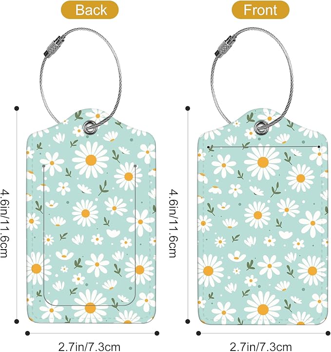 2Pack Luggage Tags for Suitcases, Cute Unique Pu Leather Cruise Luggage Tag with Privacy Cover ID Label Address Card and Metal Ring Suitable for Women Men Kids Travel Bag Little White Daisies