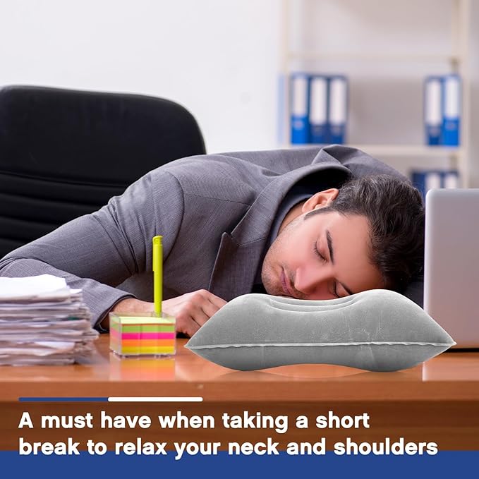 Maitys 5 Pieces Inflatable Travel Pillow Portable Compact Air Pillow Flocked Fabric Backpacking for Camping Hiking Home Office Sleeping Neck Head Lumbar Support(16.93 x 10.63 Inches,Gray)