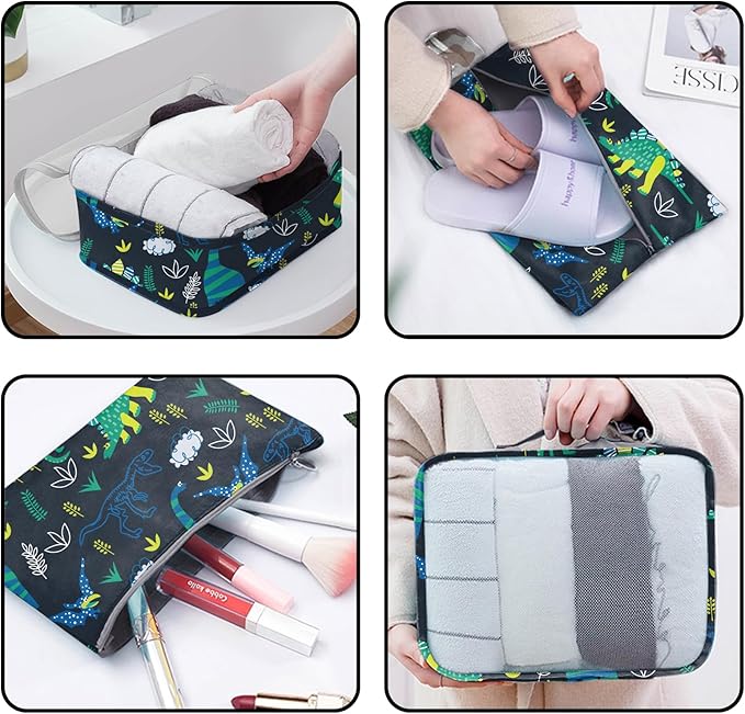 Packing Cubes for Kids 7 Set Travel Luggage Organizers for Suitcase Travel Accessories with Shoe Bag for Women Girls Cute Aesthetic Art-Green Dinosaur