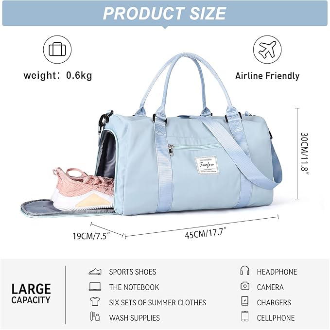 Weekender Gym Duffel Bags for Women Blue with Toiletry Bag