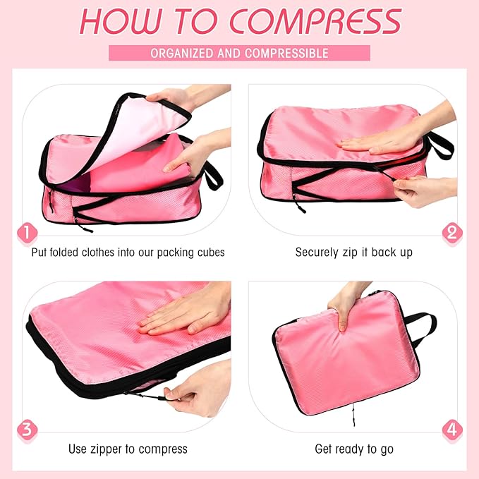 5 Pack Compression Packing Cubes for Travel Space Saving Cubes Luggage Organizer for Suitcase(Pink,Mixed)