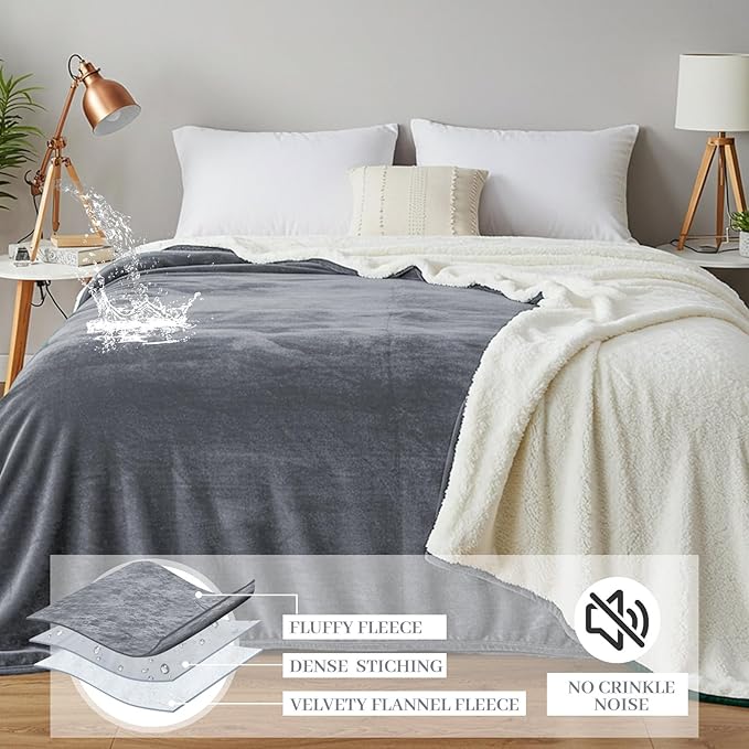 Tisancy Waterproof Gray Blanket for Dog Cat Puppy, 80'' x 60'' Double Side Leakproof Reversible Double Side Sherpa Flannel Fleece 3 Layer Lightweight Blanket, Absorb50oz(Gray/White), Machine Washable