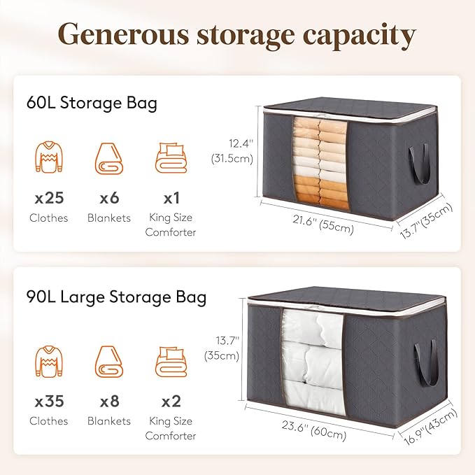 Lifewit 24 Pack 60L Clothes Storage Bins with Lids, Foldable Blanket Storage Bags with Zippers, Clear Window and Reinforced Handles, Closet and Organization for Clothing, Sweater, Comforter, Bedding
