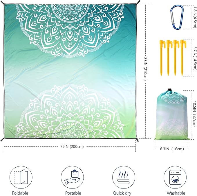 Beach Blanket Sandproof Extra Large Beach Mat Adults Waterproof Quick Drying Sand Free Mat Made by Premium Polyester with 4 Stakes & 4 Corner Pockets for Outdoor Travel Camping Hiking