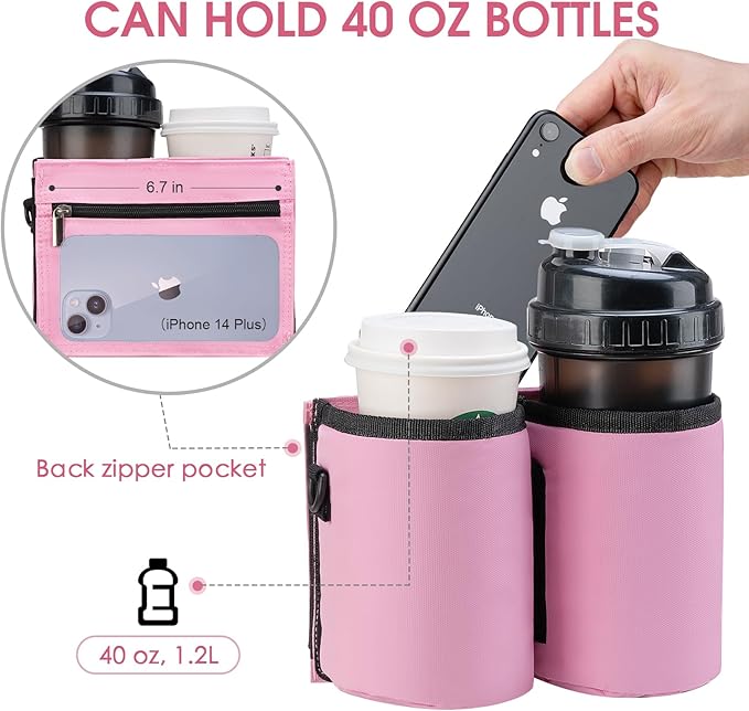 Luggage Cup Holder Travel Drink Bag Luggage Drink Caddy with Shoulder Strap, Thermal Insulation and Zipper Pocket, Travel Accessories Gifts for Flight Attendants, Fits Roll on Suitcase Handles (Pink)