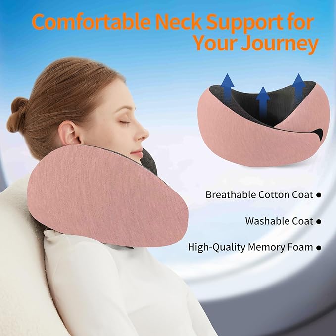 Travel Neck Pillow Airplane, Memory Foam Travel Pillows for Comfort on Sleeper Hold Compact and Ergonomic Design for Traveling Car Rides Home Road Trip Essentials for Adults and Kids (Pink)