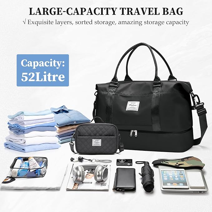 Weekender Bags for Women,Travel Duffle Overnight Bag with Shoe Compartment,Personal Item Carry On Bag,Black,Large,3 Pcs Set