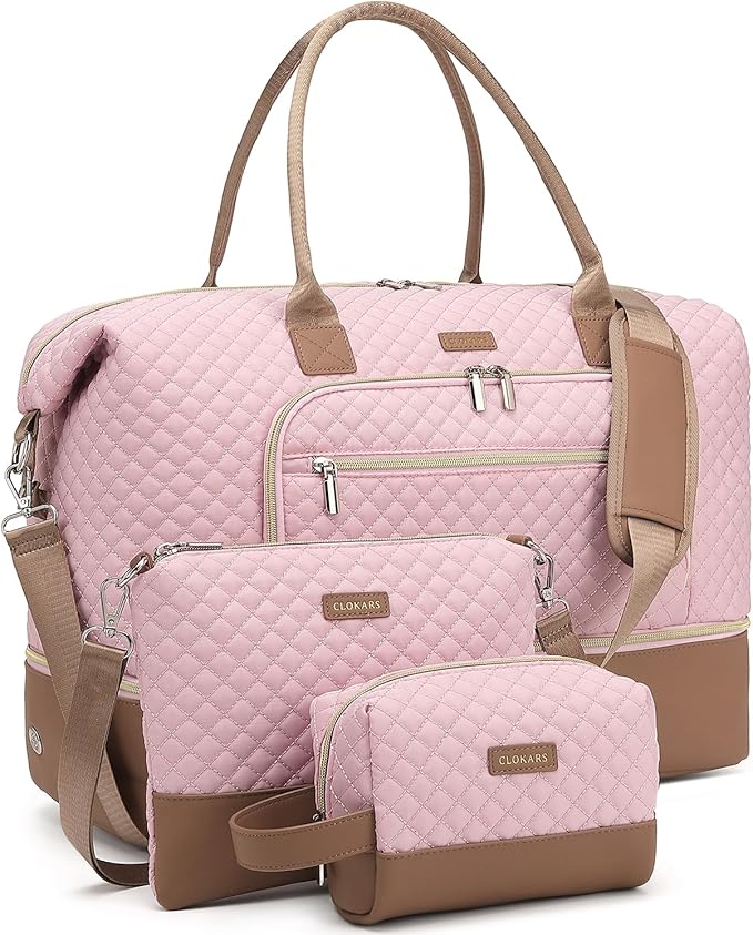 Duffle Bag for Women Travel, Weekender Bag Overnight Bag with Shoe Compartment, Carry on Bag with Crossbody Purse for Over Night, Weekend, Yoga, Gym, Business Trips, Hospital, Pink Brown