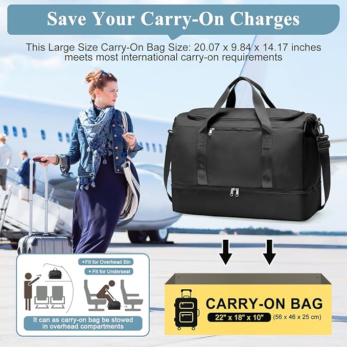 Large Travel Duffle Bag,Carry on Overnight Weekend Bag with Shoes Compartment,Weekender Bags for Women for Travel Business Trips Sport Hospital,3 Pcs Set,Black