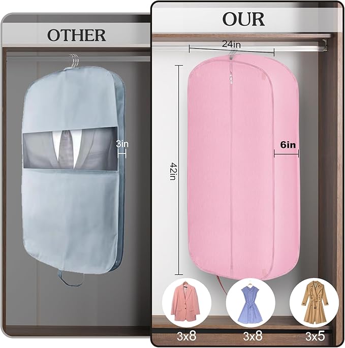 Limoomil 6" Gusseted Waterproof Garment Bag for Travel, 43" Tear Resistance Suit Bag for Men Travel for Suits, Tuxedos, Coats, Uniform. (pink, 42")