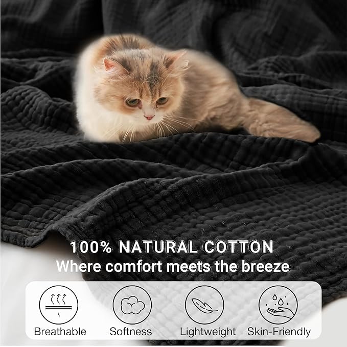 100% Cotton Muslin Blanket 50"x 60", 6 Layers Breathable and Lightweight Cotton Throw Blankets for Couch, Soft Cooling Summer Gauze Blanket for Adults All Season, Black
