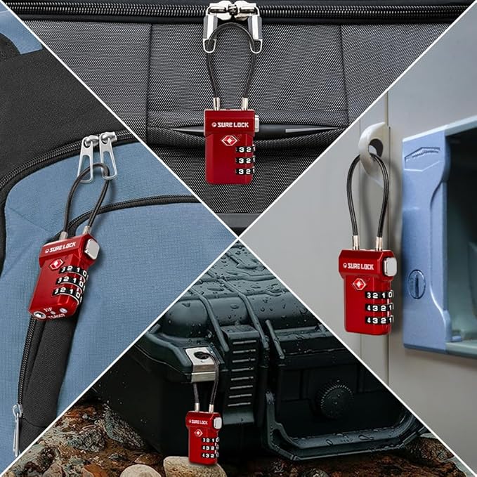 SURE LOCK TSA Approved Luggage Locks – 3-Digit Combination Cable Lock with Red Indicator, Large Dial & Easy-Press Button for Suitcases and Backpacks – Multi-Pack & Color Options