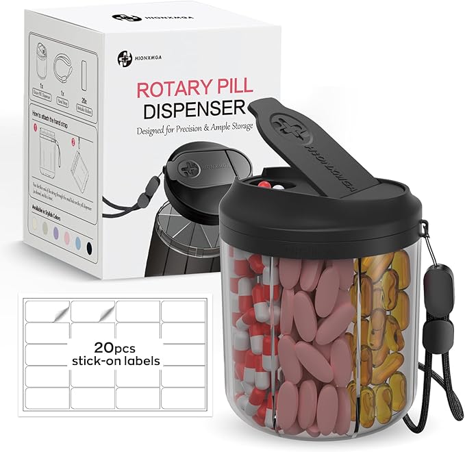 Pill Dispenser with 7 Large Compartments, 4.4" H x 3.6" Dia Pill Organizer for Travel, Supplement Organizer with Anti-Mixing Design, BPA-Free Pill Container with 20 Pcs Labels, Black
