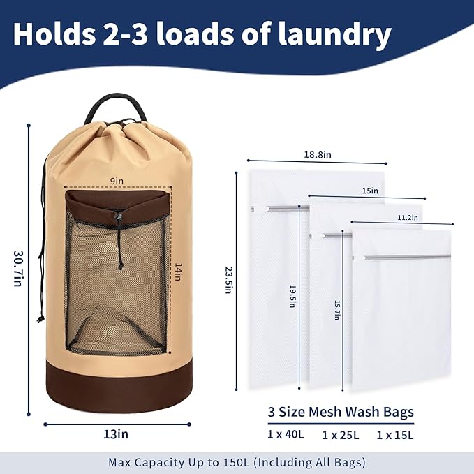 150L Laundry Bag Backpack with 3 Sizes Mesh Wash Bags and Shoulder Straps Foldable Clothes Hamper Bag with Drawstring Closure for College, Apartment, Laundromat (Tan)