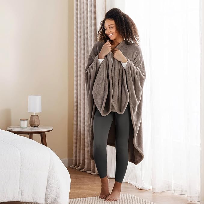 Berkshire Blanket Primalush™ Wearable Blanket, Cozy Loungewear Pocketed Plush Cape Wrap for Adults & Teens(Brown, One Size 58"X64")