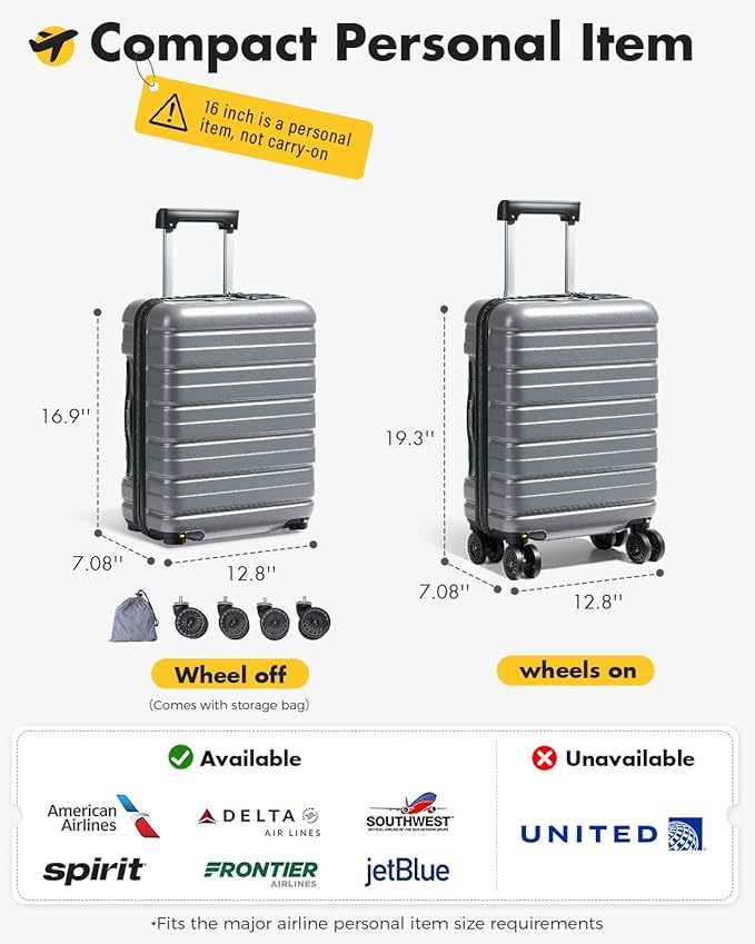 Lekesky 16 Inch Underseat Carry On Luggage Airline Approved, Small Hard Shell Suitcase with TSA Lock Spinner Wheels, Lightweight Personal Item Carry-On for Travel, Grey