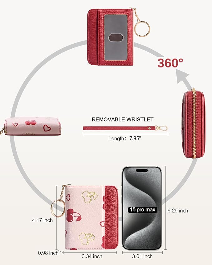 BOSTANTEN Credit Card Holder Wallet RFID Blocking Leather Small Wallet for Women Zipper Keychain Wallet with Wristlet Cherry Print
